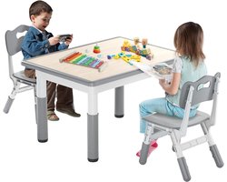 NAIZY 80x60cm Kindertafel met 2 Stoelen Kindertafelstoelset in Hoogte Verstelbaar Kindertafelstoelset HDPE + ABS Kindermeubel Kinderzitgroep 100KG Draagvermogen voor Jongens en Meisjes (Grijs)