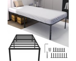 NAIZY 90 x 200 cm, ijzeren bedframe, hoogte 37,5 cm, eenpersoonsbed met lattenbodem en opbergruimte onder het bed, metalen bedframe, belastbaar tot 160 kg, inklapbaar bed voor slaapkamer en