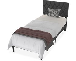 NAIZY bedframe 90x200 cm bedframe metaal bed met leren hoofdeinde en lattenbodem jeugdbed logeerbed eenpersoonsbed voor slaapkamer logeerkamer, zwart