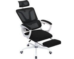 NAIZY Ergonomische bureaustoelen, computerstoel, netstoel met verstelbare hoofdsteunen, mesh-stoelleuning, armleuningen, voetensteun en rubberen wielen, ligstoel kantelfunctie tot 135° (zwart)