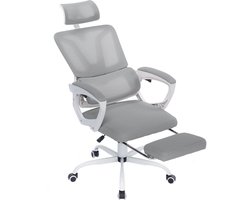 NAIZY Ergonomische bureaustoelen, computerstoel, netstoel met verstelbare hoofdsteunen, mesh-stoelleuning, armleuningen, voetensteun en rubberen wielen, ligstoel kantelfunctie tot 135° (grijs)