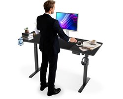 NAIZY In Hoogte Verstelbaar Bureau 140x60 cm Elektrisch Computer Bureau Kantoor Bureau met Type-C oplaadpoort, hoofdtelefoonhaak en bekerhouder Elektrische zit-sta Bureau met Geheugenfunctie, Zwart