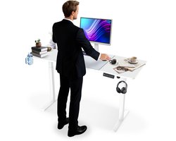 NAIZY In Hoogte Verstelbaar Bureau 160x60 cm Elektrisch Computer Bureau Kantoor Bureau met Type-C oplaadpoort, hoofdtelefoonhaak en bekerhouder Elektrische zit-sta Bureau met Geheugenfunctie, Wit