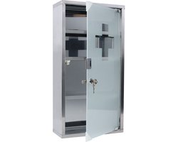 NAIZY Medicijnkastje 4 compartimenten Apothekerskast Gemaakt van roestvrij staal met gematteerd glazen magnetische deur & 2 sleutels Afsluitbare hangende medicijnkast, 30x12x57,5cm