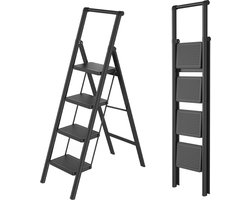 NAIZY Trapladder 4 Treden Inklapbare Ladder Vouwladder, Huishoudladder, Opstapje met Leuningen & 30x20cm Brede Treeplank tot 250KG Belastbaar, Zwart