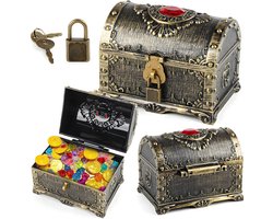 Naleo™ Schatkist Met Gouden Munten Set - Schatkist Met Gouden Speelgoedmunten Piraten - Piraten Munten - Schatkist Kinderen - Schatkistje - Met Slot - Schatkist Met Diamanten -Piratenkist - Piratenschatkist - Piraten Speelgoed Geld Munten Goud