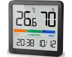 Namajunas - Binnen thermo-hygrometer - Draagbare - Mini digitale thermo-hygrometer monitor - Met comfortindicator en klok - Nauwkeurige - Magnetisch, ophangbaar en ook geschikt voor op tafel - Geschikt voor thuis, garage, kas, kelder en meer - Zwart