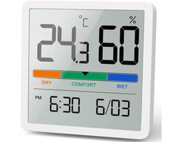 Namajunas - Binnen thermo-hygrometer - Draagbare - Mini digitale thermo-hygrometer monitor - Met comfortindicator en klok - Nauwkeurige - Magnetisch, ophangbaar en ook geschikt voor op tafel - Geschikt voor thuis, garage, kas, kelder en meer - Wit
