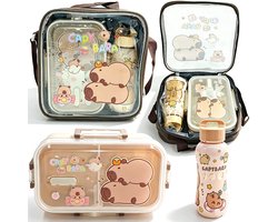 Namajunas - Capybara lunchboxset - Lunchbox kinderen - Broodtrommel met vakken - 800 ml bentobox en 350 ml waterfles - Capibara opbergzak - Schoudertas voor school, kantoor, picknick, reizen - Cadeau