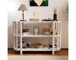 Namajunas - Haltafel hout - Wandtafel sidetable - Smalle bijzettafel met 3 niveaus - Consoletafel - 114 x 74 x 38 cm - Modern Scandinavisch ovale salontafel - Opbergtafel - Console Tafel voor Hal, Woonkamer, Entree en bank - Wit