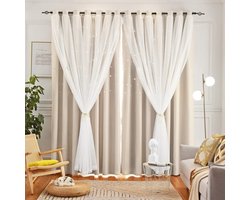 Namajunas - Overgordijnen - Overgordijnen kant en klaar - Verduisterend gordijn kant en klaar - Verduisterend gordijn - Sterretjes verduisterende gordijnen - 2-in-1 Gordijn met vitrage en voering - Met ringen - Geplooid - 132x160cm - 2stuks - Beige