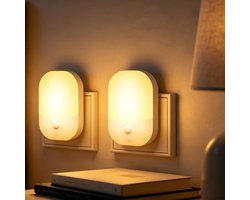 Namajunas – Stopcontact nachtlamp 2 stuks - 5 lichtsterktes, 3 werkstanden - Opvouwbaar - Warm geel licht - Met dag/nachtsensor - Geschikt voor baby's, kinderen en volwassenen - Dimbaar - Nachtlampje - Kastverlichting