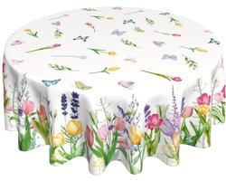 Namajunas - Tafelkleed rond 180 cm - Tafelzeil - Tafellaken met aquarel bloemenpatroon - lavendel tulpen en vlinders - Wasbaar kreukbestendig polyesterstof voor diner, feest, picknick