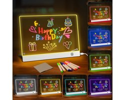 Namajunas - Tekenbord kinderen - Tekentablet - 30 x 20 cm Acryl Whiteboard met 6 Kleurmodi - Lichtgevend LED-tekenbord - Neonverlichtingsbord - Droog Wisbaar Bord Memobord voor Kantoor, Café, School - Cadeau - Tekenen & kleuren - DIY - Prikbord