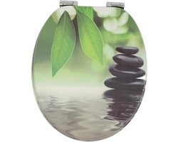 Namajunas - WC-brillen - Wc bril softclose - Toilet bril - Universele vorm WC Bril - MDF hout - Antibacterieel - Zen Stenen & Groene Bladeren - Met Deksel - RVS Bevestiging - Easy Clean - Snelle montage en demontage - Inclusief Bevestigingsmateriaal