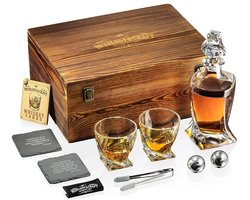 NÁMI Whiskey Glazen - Set van 2 - Met Karaf - Met 2 RVS Whiskeystones - Met Houten Kist - Whiskey Set - Met Accessoires - Cadeau Idee - Mannen - Vaderdag - Verjaardag