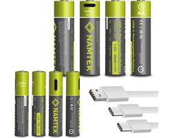 Namtek AA + AAA Oplaadbare Batterijen 1,5 Volt (2600 + 740 mWh) met USB Type-C Kabels opladen - Lithium batterijen - Duurzame Keuze - 8 stuks
