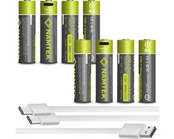 Namtek Oplaadbare batterijen AA 1.5V 2600 mWh met USB Type-C Kabel opladen - Lithium USB batterijen - Duurzame Keuze - 8 stuks