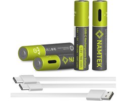 Namtek Oplaadbare batterijen AAA 1.5V 740 mWh met USB Type-C Kabel opladen - Lithium USB batterijen - Duurzame Keuze - 4 stuks