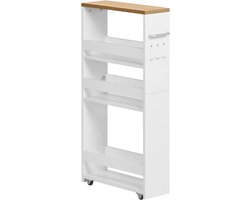 Narrow 4-laags keukenwagen met wielen en stalen handvat voor kleine ruimtes, vintage bruin en wit, 40 x 14 x 80 cm, ideaal voor keuken, badkamer en woonkamer