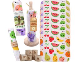 Natissy - herbruikbare keukenrol - set 10 doekjes met 1 keukenrolhouder en 6 servetringen - fruit print - katoen - paperless kitchen towels - unpaper towels - herbruikbaar keukenpapier - wasbaar keukenpapier - met opbergzak