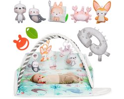 Natural Bamboe Babygym & Speelmat met Speelboog – 8 Sensorisch Baby Speelgoed & Tummy Time Kussen – vanaf 0 Maanden – Opstaande Rand – Montessori Babyshower Cadeau – Interactief & Educatief Speelkleed – Activiteitenkussen – Speelkussen – Kraamcadeau