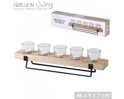 “NATURAL LIVING” kandelaar met houten houder en zwarte metalen voet – 46 × 9 × 7 cm