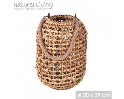 "NATURAL LIVING" Lantaarn Malaga in rotan met glazen kaarshouder D20xH29 cm