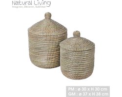 “NATURAL LIVING” set van 2 manden van kansgras met deksel – H30 cm / H38 cm