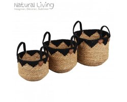 "NATURAL LIVING" SET VAN 3 MANDEN VAN RIET EN KATOEN ZWART 35×H28 / 31×H24 / 26×H20 CM