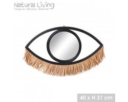 "NATURAL LIVING" Spiegel ILANA van zwart rotan met raffia franjes 41 x H31 cm