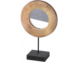 "NATURAL LIVING" Spiegel in houtschijf met zwarte metalen voet – klein model - D19cm