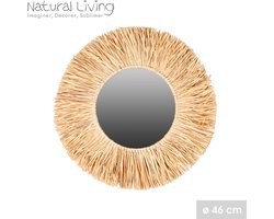 Natural Living Wandspiegel - Boho/ibiza stijl - bloemdesign - raffia - lichtbruin - rond - 46 cm