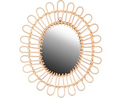 Natural Living Wandspiegel - Boho/ibiza stijl - bloemdesign - rotan - lichtbruin - ovaal - 34 x 39 cm