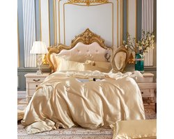 Natural Mulberry 100% Zijde Beddengoed Set - Dekbedovertrek (2 stuks Kussenslopen en Laken) Koning, Koningin, Tweepersoons Bedmaat Beddengoed Set- Champagne Gold