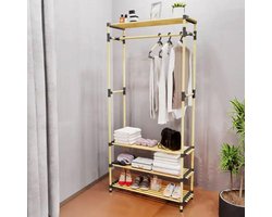 Natural Wood Coat Rack with Shoe Bench - 4 Shelves for Shoes - Modern Design - Dimensions 76 x 28 x 165 cm halmeubel met kapstok