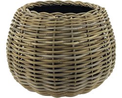 NATURN LIVING Rotan Plantenmand - ø 45 x 34 cm – Ronde Duurzame Bloempot met Waterdichte Binnenpot – Grijze Mand voor Binnenplanten – Drypot Design - Grijs