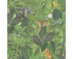 Natuur behang Profhome 387241-GU vliesbehang hardvinyl warmdruk in reliëf glad met dieren patroon mat groen bruin geel grijs 5,33 m2