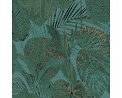 Natuur behang Profhome 393553-GU vliesbehang hardvinyl warmdruk in reliëf licht gestructureerd met bloemmotief en metalen accenten groen petrol goud blauwgroen 5,33 m2