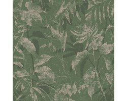 Natuur behang Profhome 782036-GU vliesbehang hardvinyl warmdruk in reliëf gestructureerd met bloemmotief en metalen accenten groen parelmoer-grijs goud flessegroen 5,33 m2