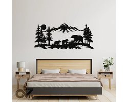 Natuur en beer modern deco muurdecoratie - Wanddecoratie - Zwart - Houten art - Muurdecoratie - Line art - Wall art - Bohemian - Wandborden - Woonkamer - 60x26 cm - kerst - kerstcadeau - wandecoratie woonkamer - kerstgeschenk