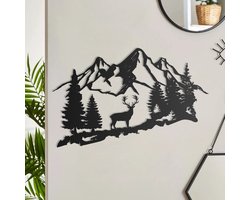 Natuur en hert modern deco muurdecoratie - Wanddecoratie - Zwart - Houten art - Muurdecoratie - Line art - Wall art - Bohemian - Wandborden - Woonkamer - 60x35 cm - kerst - kerstcadeau - wandecoratie woonkamer - kerstgeschenk