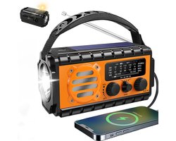 NatuurGenoot® Noodradio – 20.000mAh Powerbank – Solar & Opwindbaar – Waterdicht IPX – AM/FM/SW/WB – SOS Alarm, Zaklamp & Leeslamp – Noodpakket- Powerbank zonneenergie- Black-out & Outdoor – Oranje