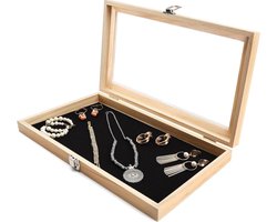 Natuurlijk Houten Sieraden Tray Kast Doos met Doorzichtig Acryl Deksel - B38 x D215 cm - Oorbellen Ringen Kettingen Medailles & Meer Opberg Display