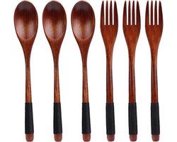 Natuurlijke houten bestekset met lange handgreep voor camping en buiten koken - Japanse stijl - 6-delige servies set met lepel en vork