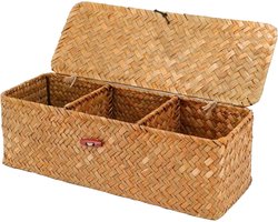 Natuurlijke Opbergmand van Zeegras, Gevlochten Mand met Deksel en 3 Compartimenten voor Badkamer, Woonkamer en Slaapkamer, 32.5x12x11cm