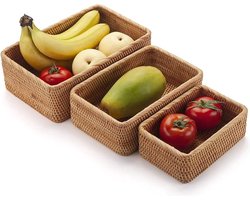 Natuurlijke rotan opbergmand, rechthoekig, geweven opbergdoos, stapelbaar, sleutelhouder voor keukenkast, rek, 3 stuks