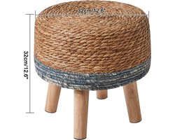 Natuurlijke zeegras en dennenhouten kruk voor slaapkamer, woonkamer en buitengebruik, blauw, 32 x 32 x 32 cm, handgemaakt, landelijk stijl, multifunctioneel meubel