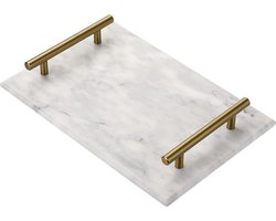 Natuurmarmer stenen opbergdienblad - 30 x 20 cm - metalen handgrepen - decoratieve marmeren plaat - organizer keuken badkamer - commode decoratie - grijs