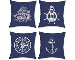 Nautische kussenhoezen 45x45 cm met anker en kompas, set van 4, decoratieve polyester linnen kussenslopen voor thuis en terras